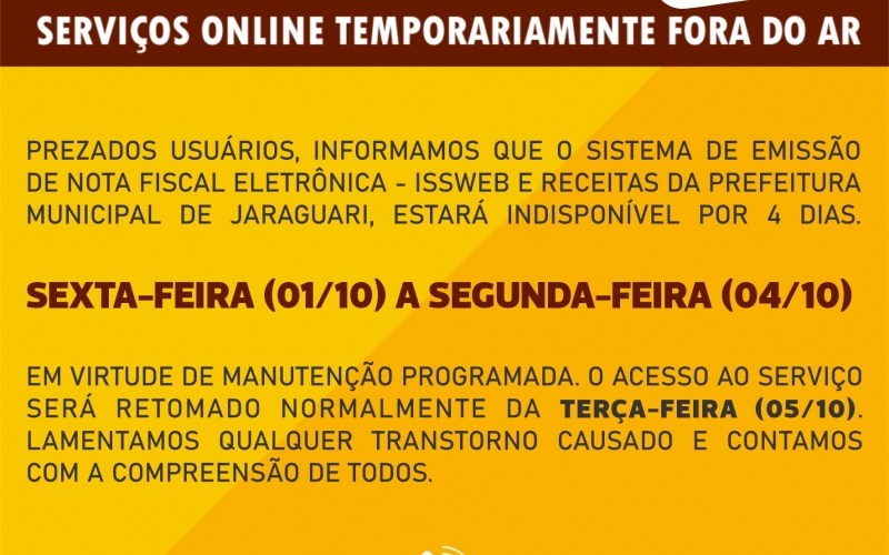 SISTEMA DE NOTA FISCAL ELETRÔNICA ESTARÁ INDISPONÍVEL NESTE FINAL DE SEMANA